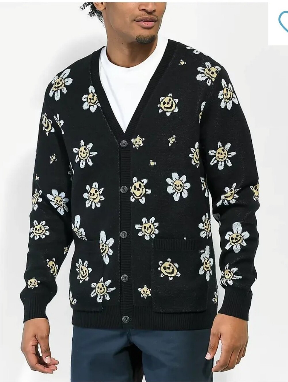 Vans Hilltop Black Floral Smiley Knit Cardigan Streetwear Gorpcore Y2K Style S